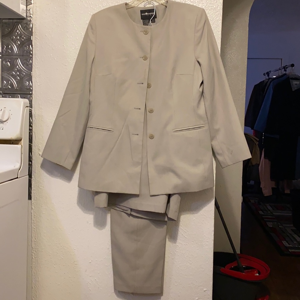 Beige blazer with matching skirt & pant.